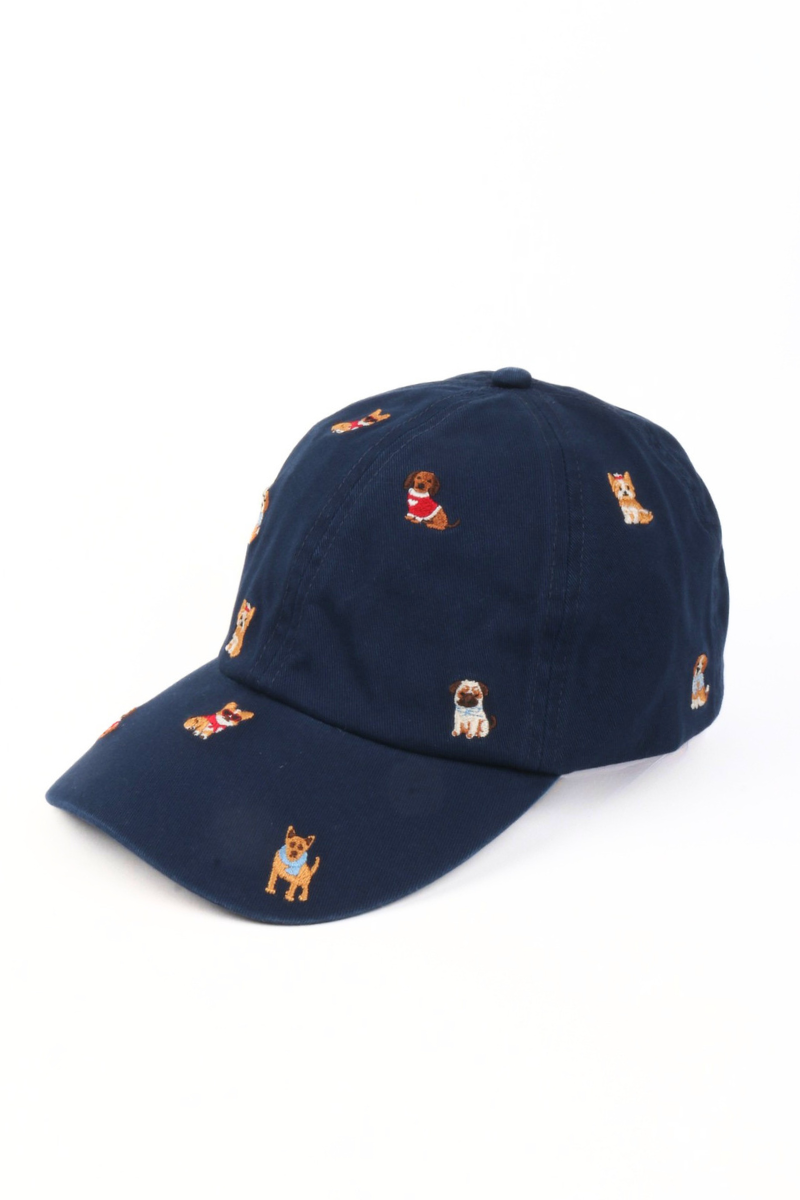 Embroidered Dog Print Baseball Cap – Black