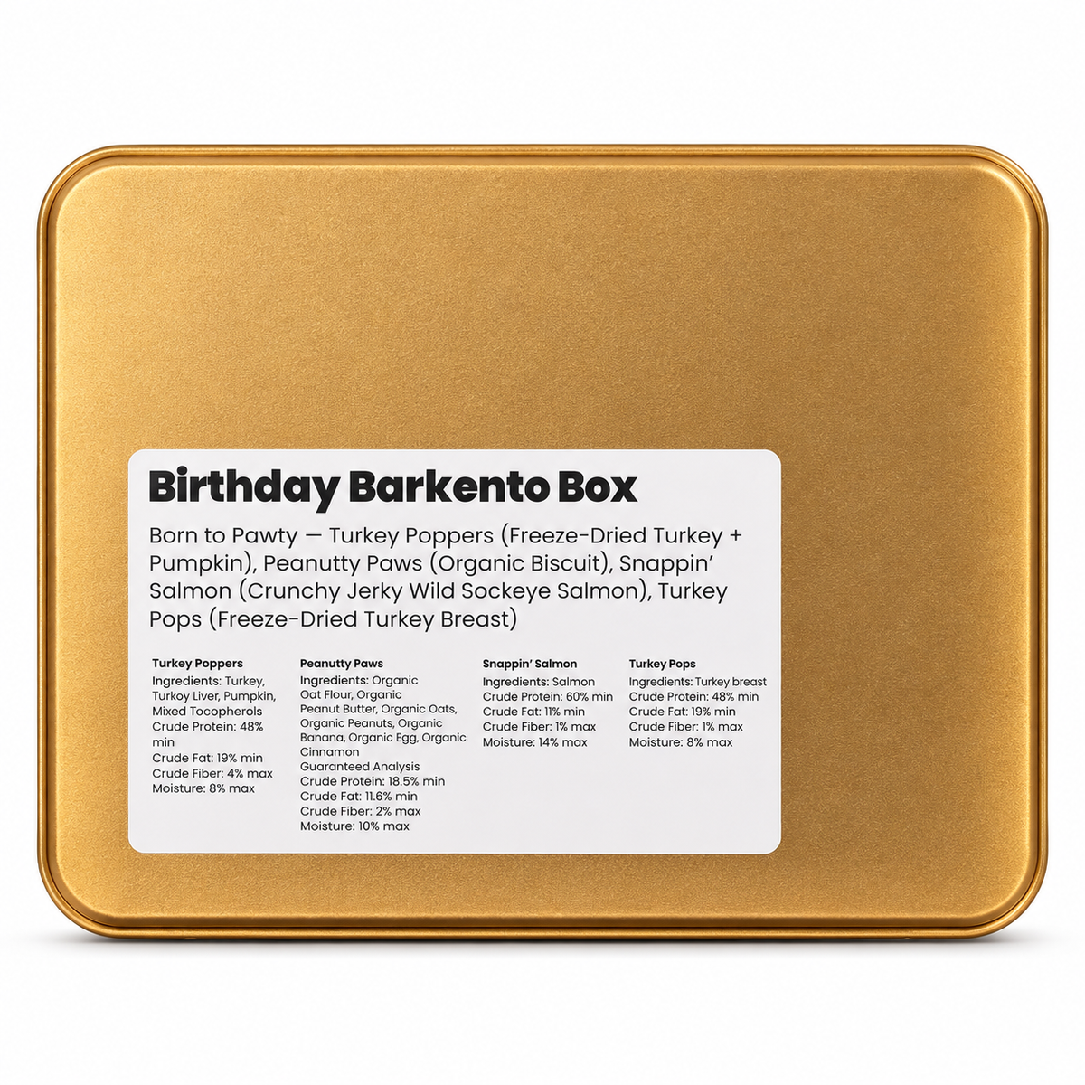 Birthday Barkento Box back with ingredients label