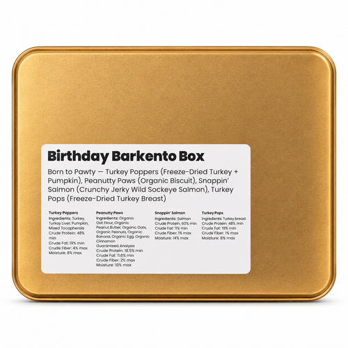 Birthday Barkento Box back with ingredients label