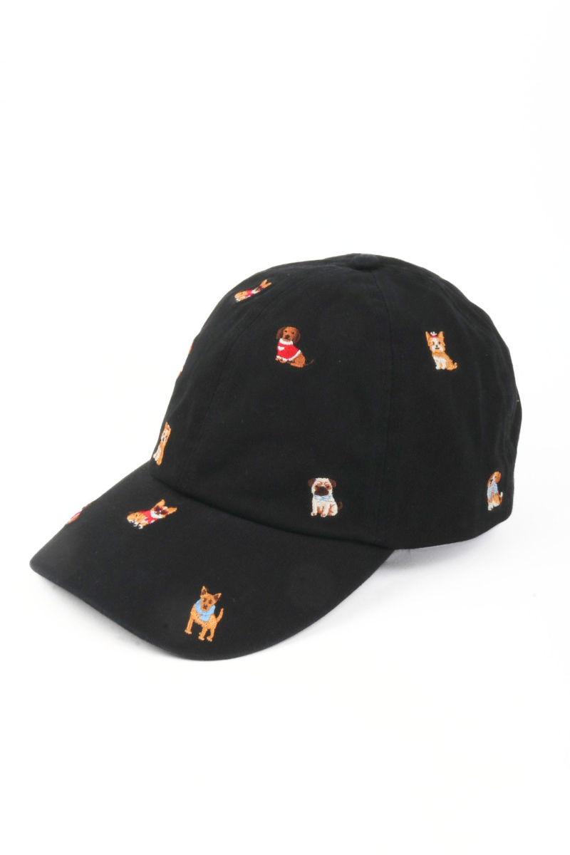 Embroidered Dog Print Baseball Cap – Black