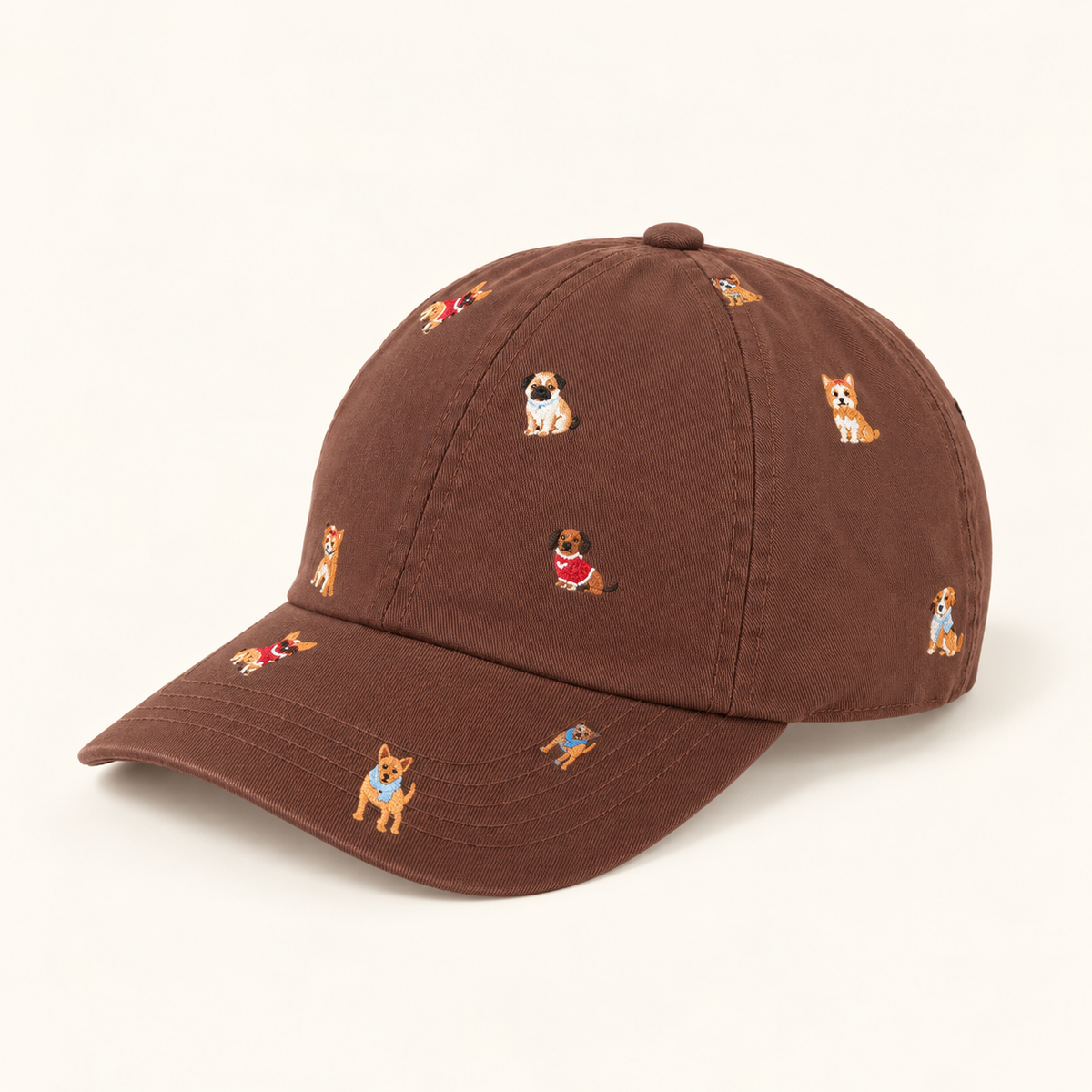 Brown embroidered dog print baseball cap