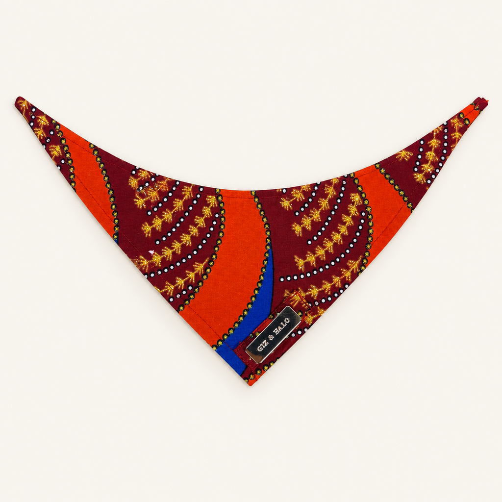 Giz & Halo Orange & Gold dog bandana on an ivory background