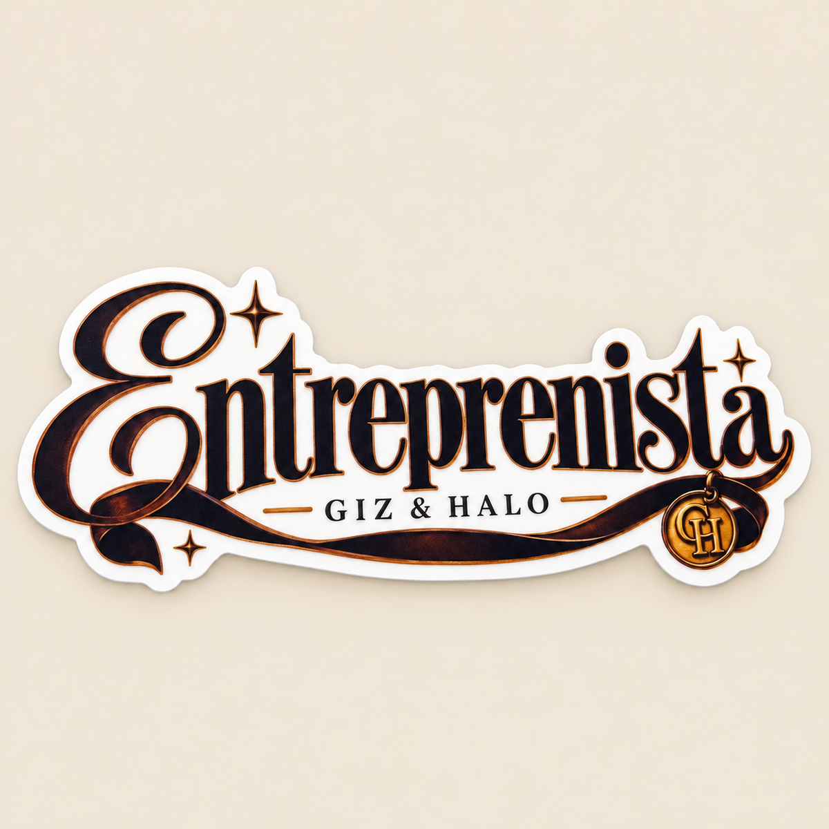 Giz & Halo Entreprenista die-cut sticker on a warm beige background