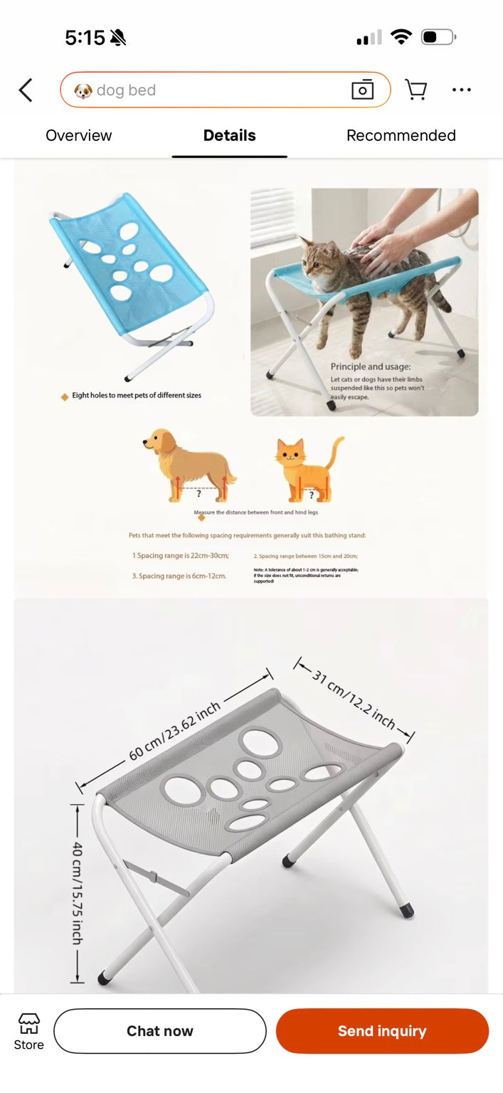 Foldable pet wash station with adjustable leg openings, shown in use and labeled with product dimensions